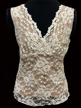 CAbi Cream Floral Lace V-Neck Sheer Tank